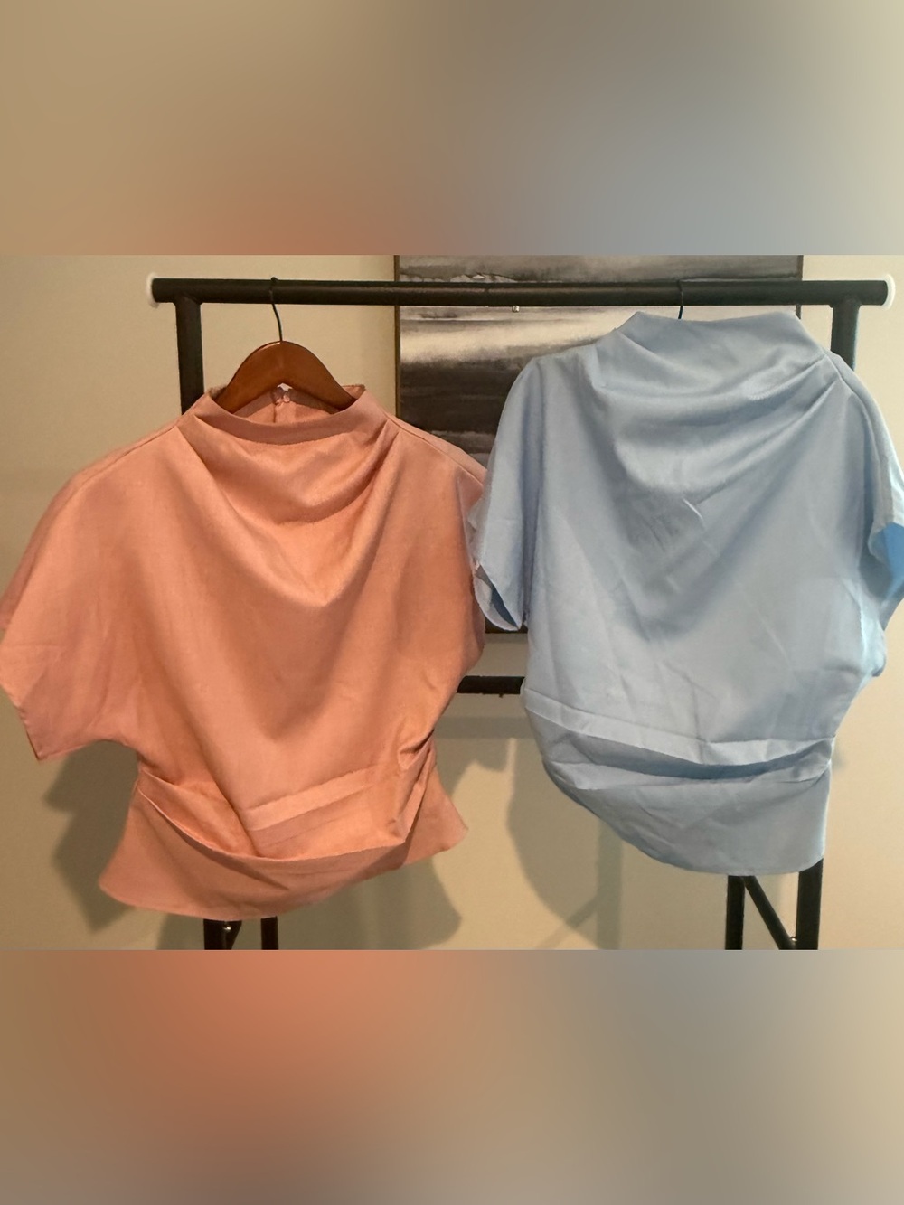 SHEIN Pink and Blue Short Sleeve Mock Neck Blouse Duo